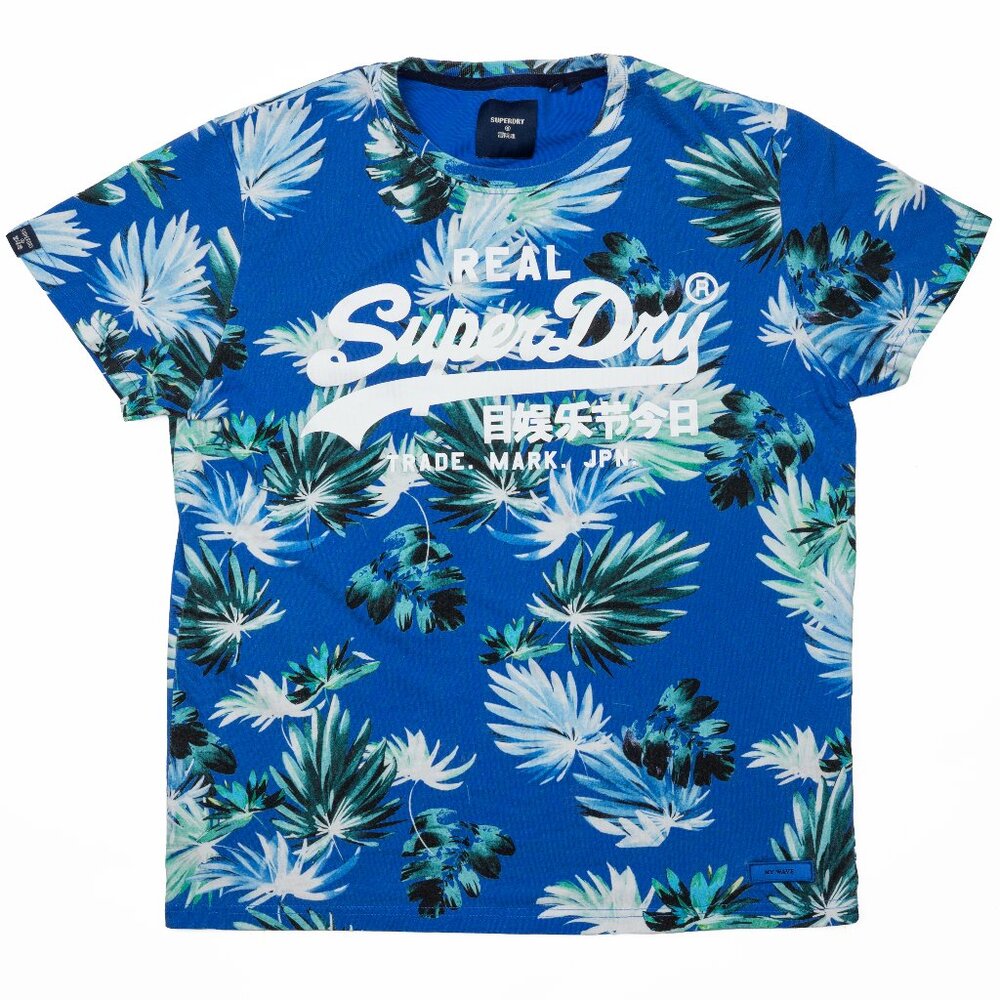 Superdry Royal Blue Tropical Leaf Print Logo Tee – Men’s Large – 100% Cotton